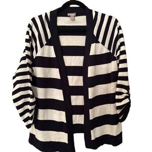 Chico's Navy/White Striped Open Front Cardigan Size 2 = Large Tab Sleeve‎